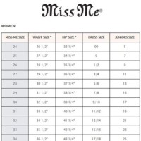 Miss Me Size Chart Women S